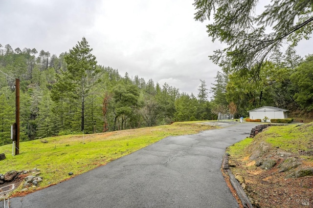 view of road featuring a forest view and aphalt driveway