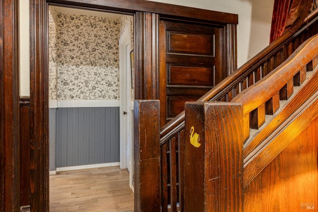 stairway with wooden walls and hardwood / wood-style floors