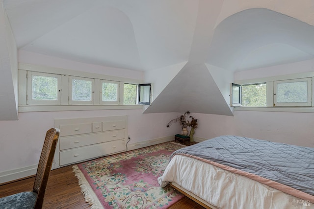 bedroom with vaulted ceiling and dark hardwood / wood-style floors