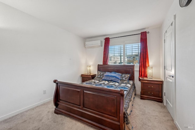 carpeted bedroom featuring a wall unit AC