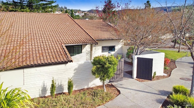 view of front of home featuring a fenced front yard, stucco siding, a tile roof, and a gate