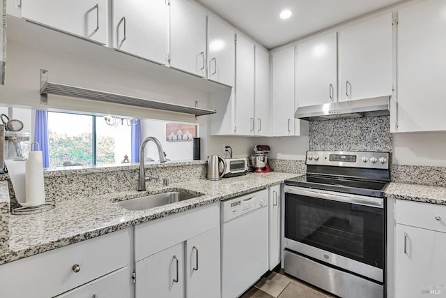 kitchen featuring sink, white cabinetry, ventilation hood, stainless steel electric range, and white dishwasher