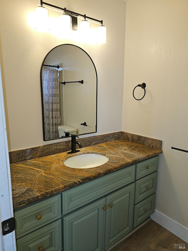 bathroom featuring a shower with curtain, vanity, and wood-type flooring