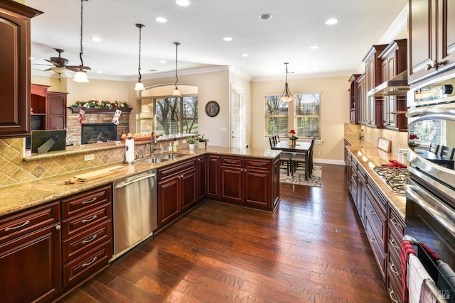 kitchen with appliances with stainless steel finishes, dark hardwood / wood-style flooring, hanging light fixtures, and sink