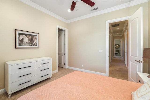 bedroom featuring light colored carpet, ceiling fan, and ornamental molding