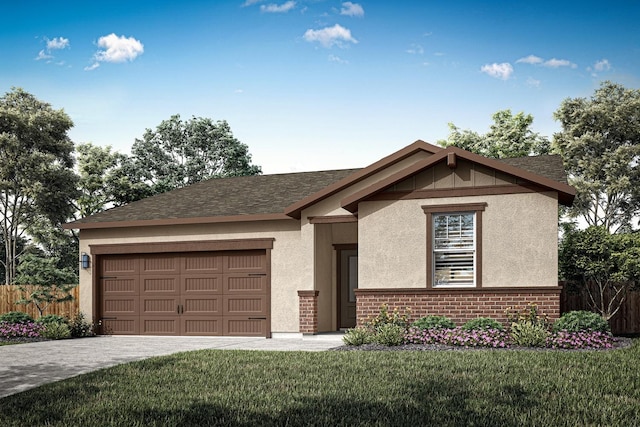 single story home featuring driveway, an attached garage, fence, and a front yard