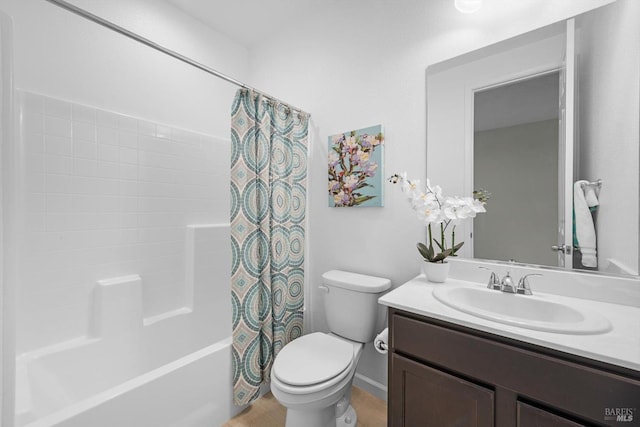 bathroom featuring shower / bathtub combination with curtain, toilet, and vanity