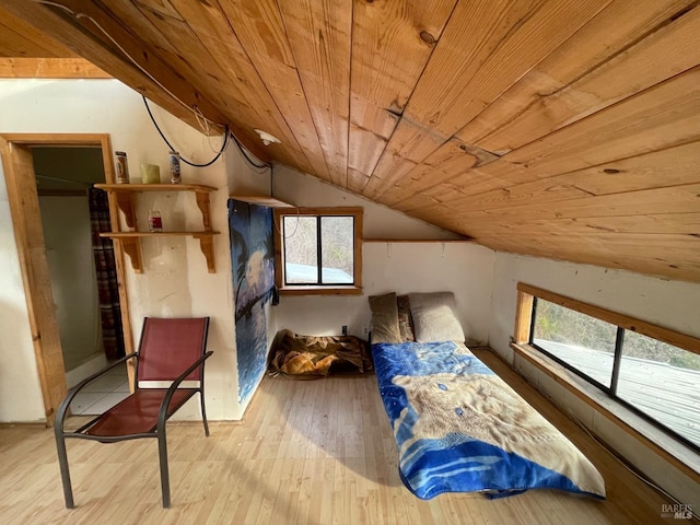 interior space featuring light hardwood / wood-style floors, lofted ceiling, and wood ceiling