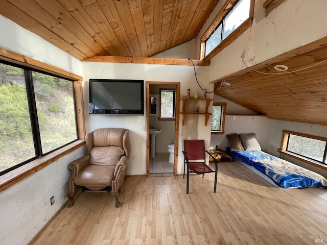 unfurnished room with light hardwood / wood-style flooring, vaulted ceiling, a wealth of natural light, and wood ceiling