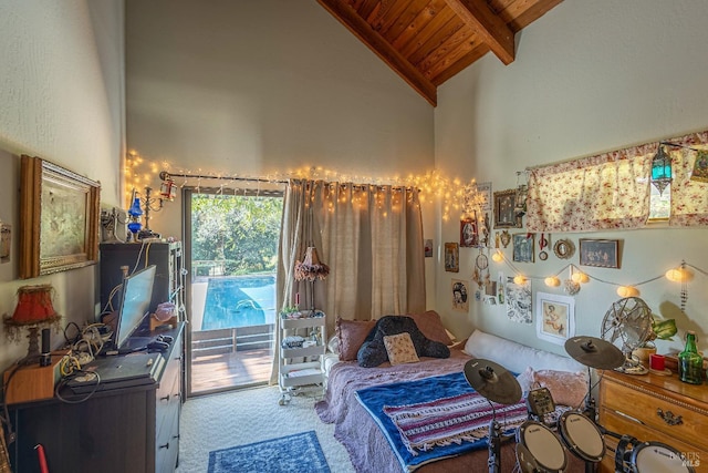 bedroom with beam ceiling, high vaulted ceiling, carpet floors, access to outside, and wood ceiling