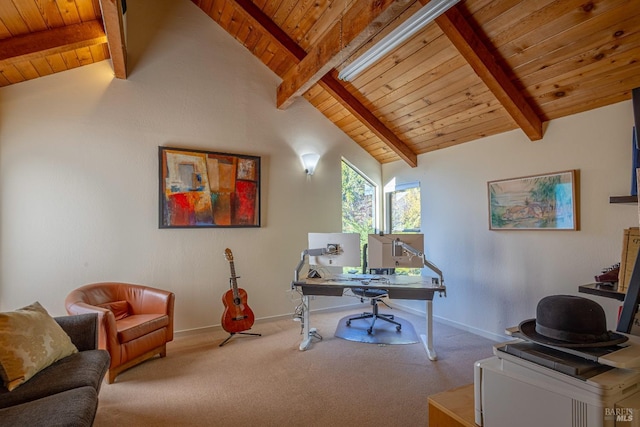 office area featuring beam ceiling, carpet floors, and wood ceiling