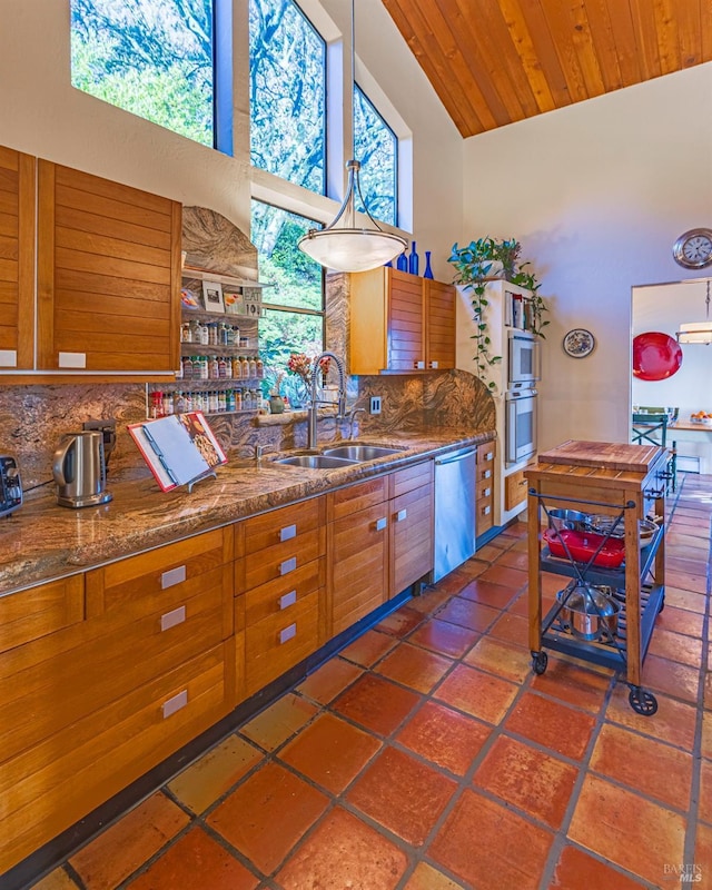 kitchen with sink, wooden ceiling, high vaulted ceiling, stainless steel dishwasher, and decorative backsplash