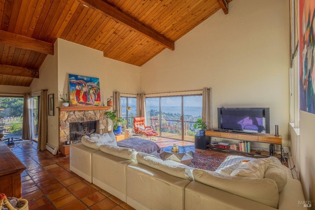 living room featuring a fireplace, high vaulted ceiling, wood ceiling, and beamed ceiling