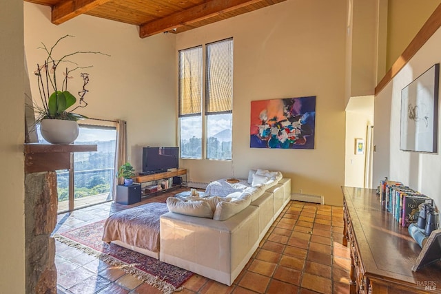 living room with beamed ceiling, a baseboard radiator, dark tile patterned flooring, and wooden ceiling