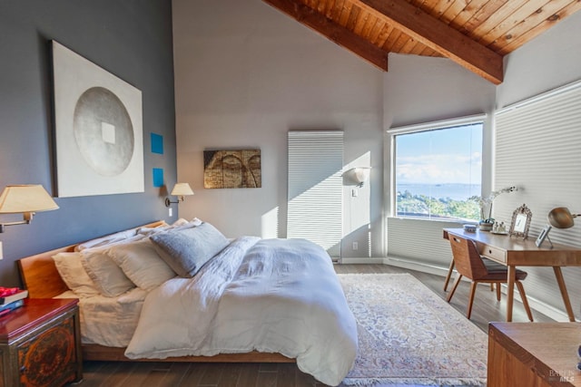 bedroom with lofted ceiling with beams, wooden ceiling, and hardwood / wood-style flooring