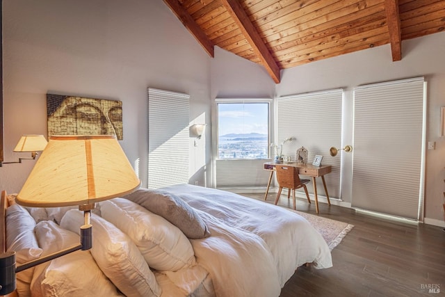 bedroom with beamed ceiling, dark hardwood / wood-style flooring, high vaulted ceiling, and wooden ceiling