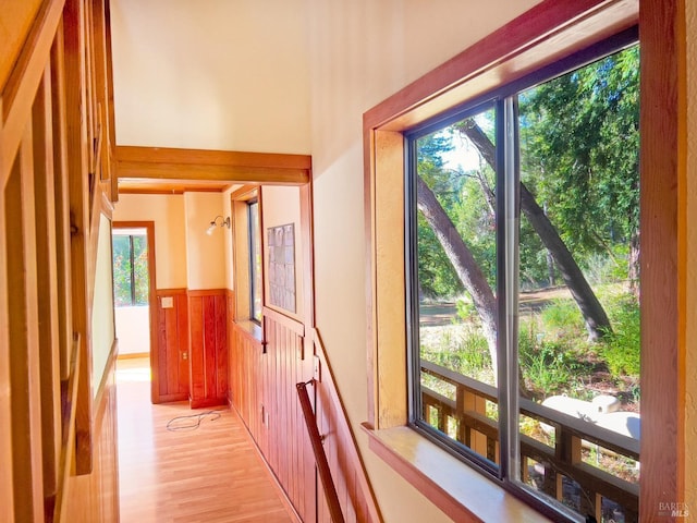 hallway featuring wood walls and light wood-type flooring