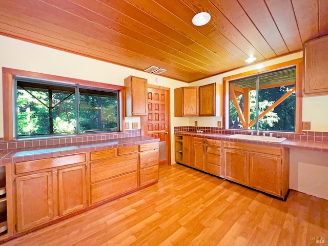 kitchen featuring tile countertops, a wealth of natural light, and wooden ceiling