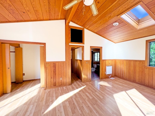 unfurnished room with wood ceiling, lofted ceiling with skylight, ceiling fan, wooden walls, and light hardwood / wood-style floors