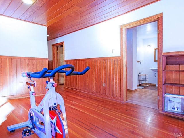 exercise room featuring hardwood / wood-style flooring and wood walls