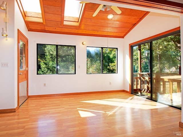 unfurnished sunroom featuring ceiling fan, wooden ceiling, and vaulted ceiling with skylight