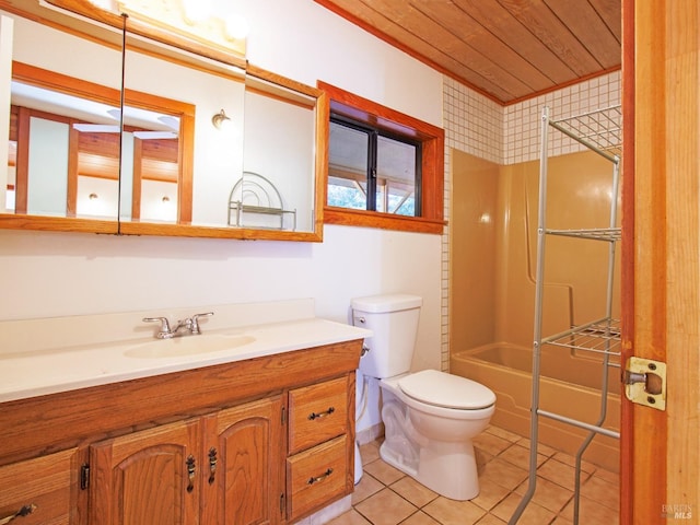 full bathroom with tile patterned flooring, shower / bathing tub combination, toilet, vanity, and wood ceiling