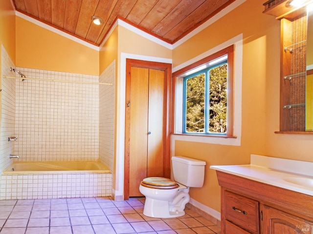 full bathroom with tile patterned floors, lofted ceiling, toilet, wood ceiling, and ornamental molding