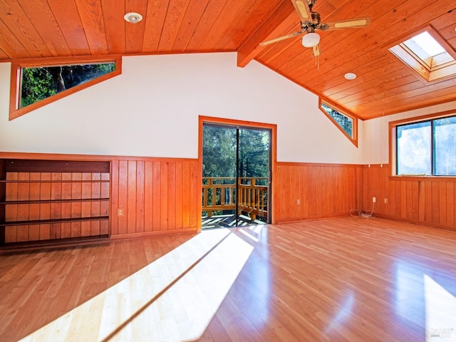 unfurnished living room featuring ceiling fan, light hardwood / wood-style floors, lofted ceiling with skylight, and wooden ceiling