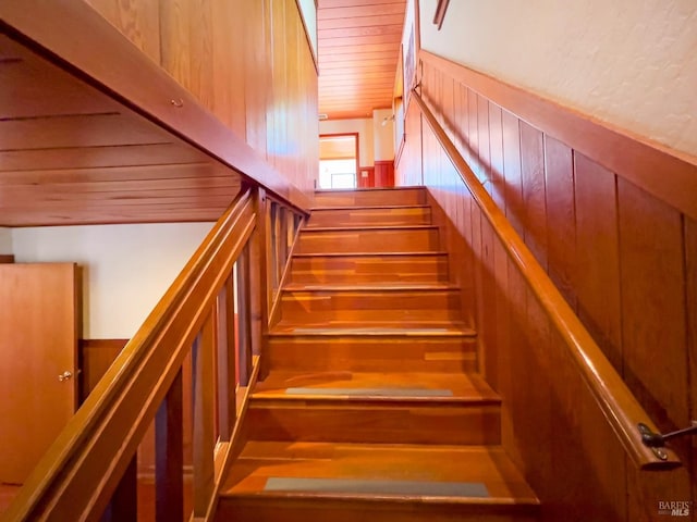 stairs featuring wooden walls