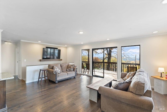 living room with dark hardwood / wood-style floors and ornamental molding