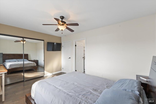 bedroom featuring ceiling fan, dark hardwood / wood-style flooring, and a closet