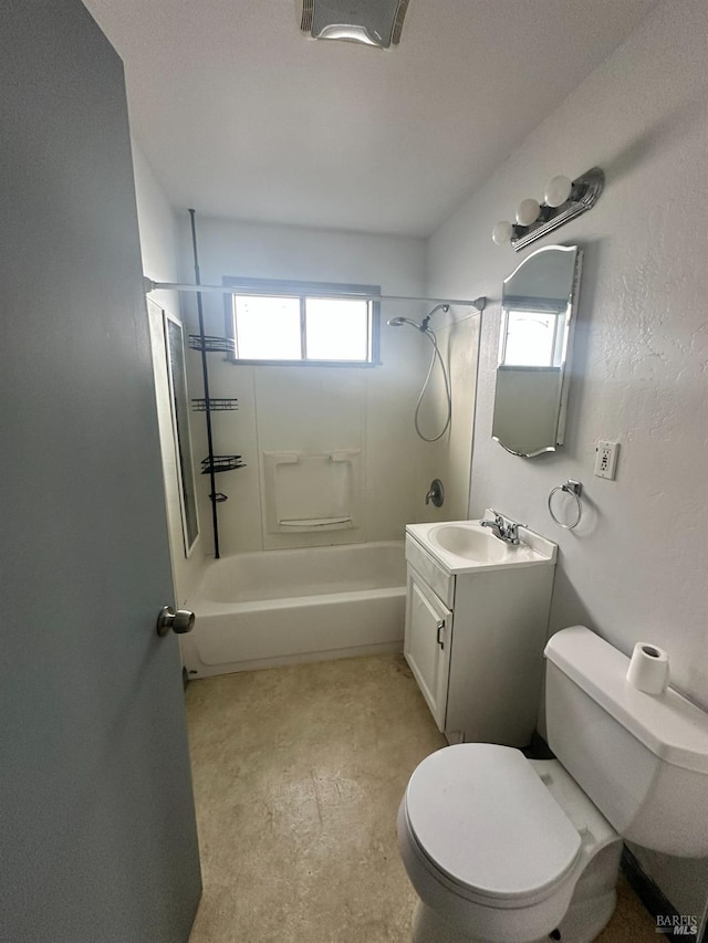 full bathroom featuring vanity, toilet, and  shower combination