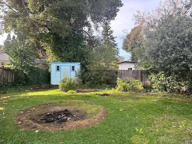 view of yard featuring a storage unit