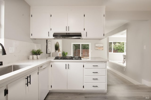 kitchen with white dishwasher, a sink, white cabinetry, and under cabinet range hood