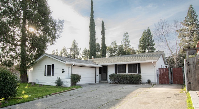 ranch-style house featuring a garage, driveway, a gate, and fence