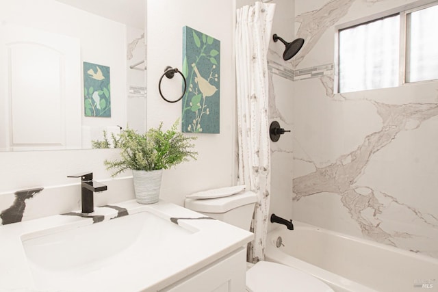 bathroom with toilet, shower / bath combo with shower curtain, and vanity