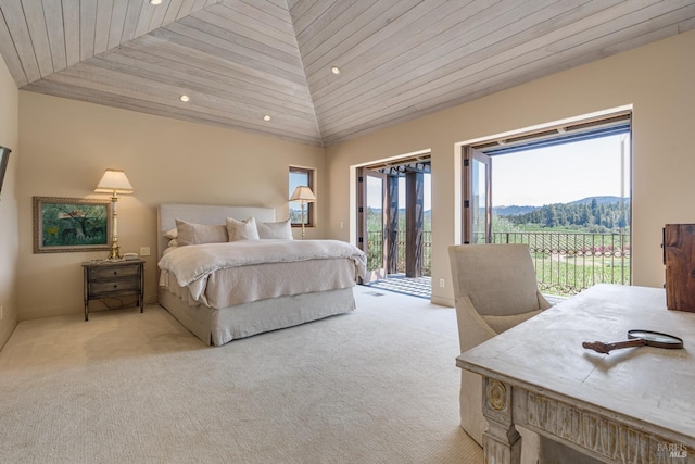 bedroom featuring a mountain view, light carpet, high vaulted ceiling, access to outside, and wood ceiling