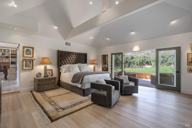 bedroom featuring light wood-type flooring, access to outside, and high vaulted ceiling