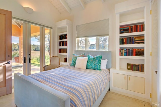 bedroom featuring access to exterior, wooden ceiling, french doors, and lofted ceiling with beams