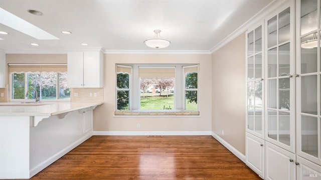 unfurnished dining area with a skylight, plenty of natural light, and dark wood-type flooring