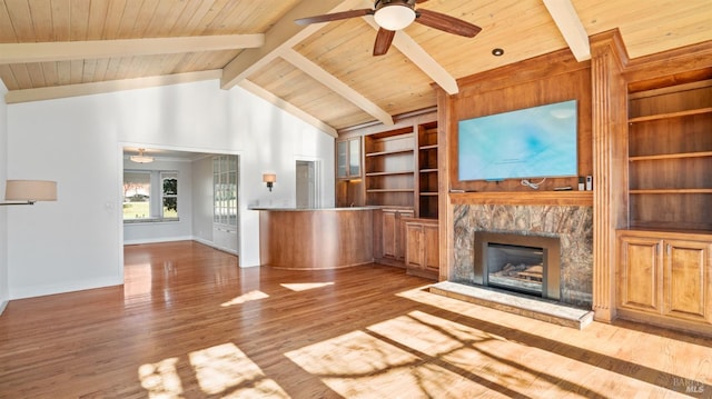 unfurnished living room featuring beam ceiling, a fireplace, wood ceiling, and wood-type flooring