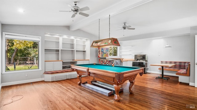 game room with ceiling fan, vaulted ceiling with beams, light hardwood / wood-style floors, and pool table