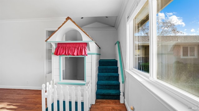 interior space with plenty of natural light, ornamental molding, and vaulted ceiling