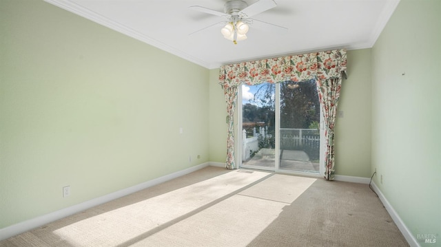 carpeted spare room featuring ceiling fan and ornamental molding