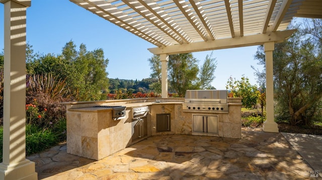 view of patio / terrace with a pergola, area for grilling, and exterior kitchen