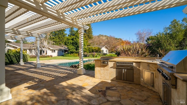 view of patio / terrace with a pergola, area for grilling, a swimming pool, and grilling area