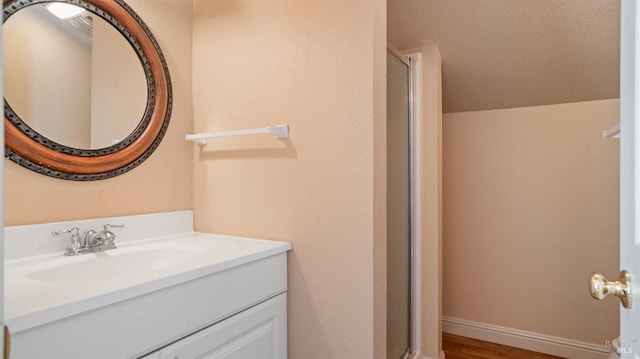 bathroom featuring hardwood / wood-style floors, vanity, and a shower with door