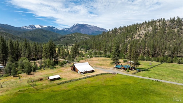 birds eye view of property with a mountain view and a rural view