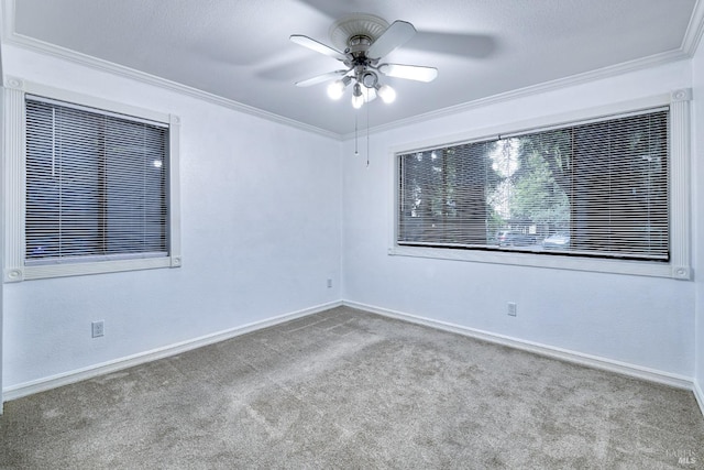 carpeted spare room with ceiling fan and crown molding