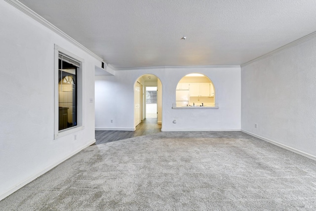 carpeted empty room with crown molding and a textured ceiling